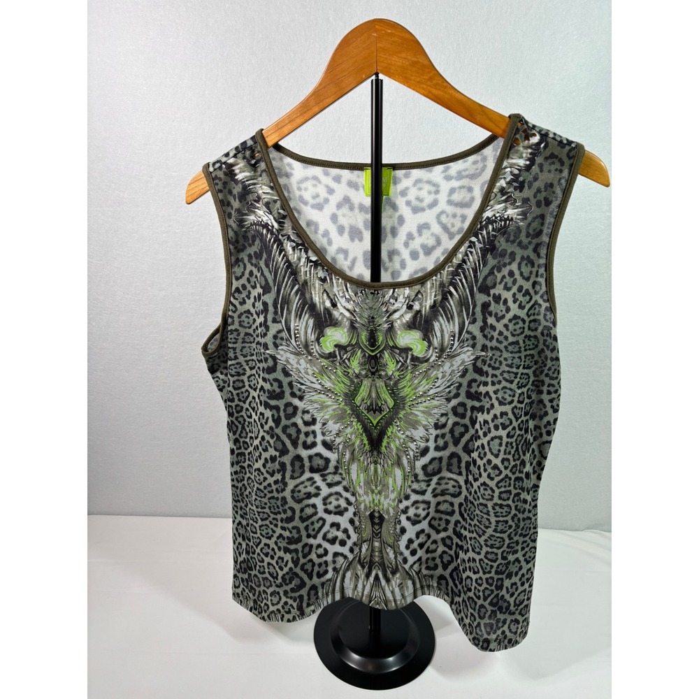Adam Jacobs Womens Grey Leopard Print Graphic Tank Top Green Black CAO5195 Large